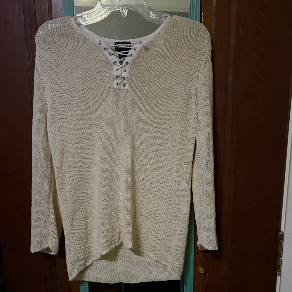 Cream Knit Lace-Up Sweater